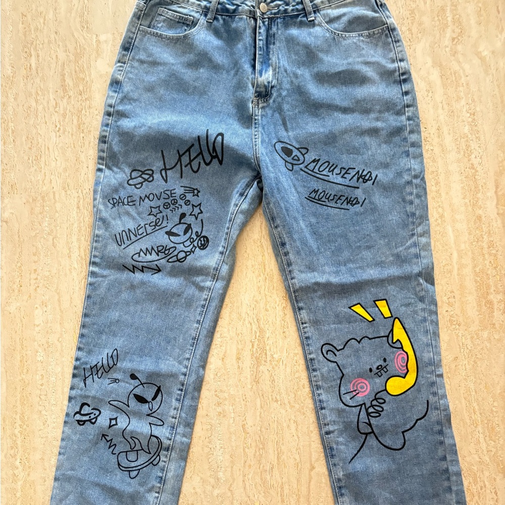 Y2k inspired graffiti jeans Graphic Blue Jeans with Cartoon Designs
